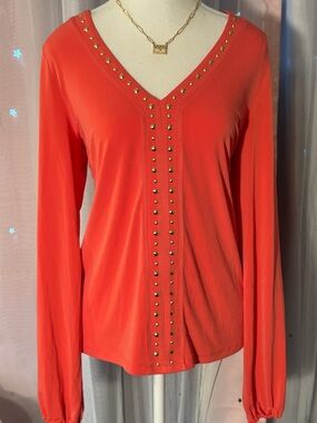 INC International Concepts Coral Orange V-Neck Long Sleeve Top with Gold. Size M